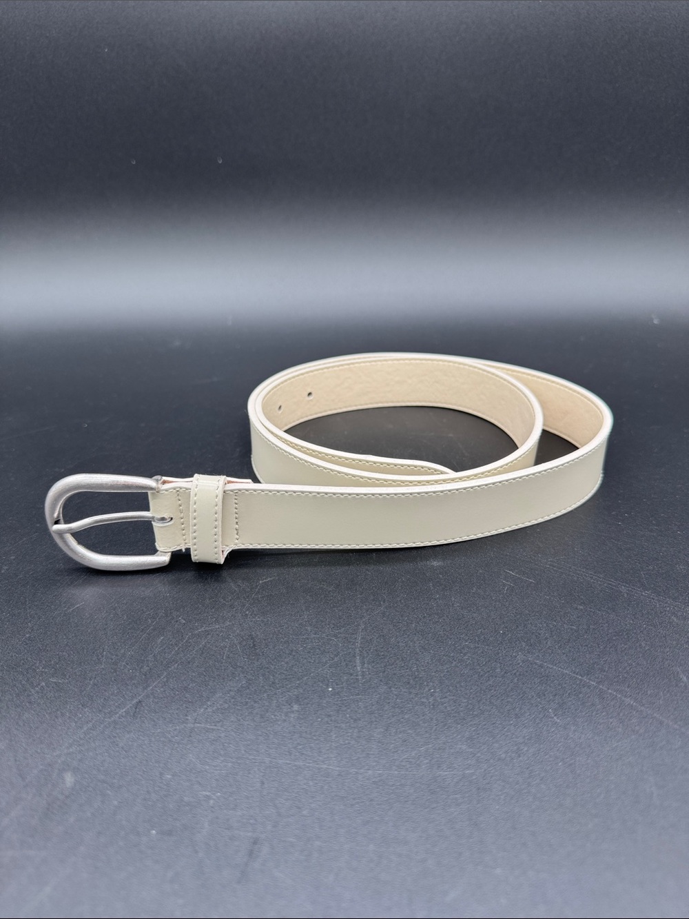 Berge Soft Cream Leather Belt with Brushed Silver Buckle Made in Italy Size M